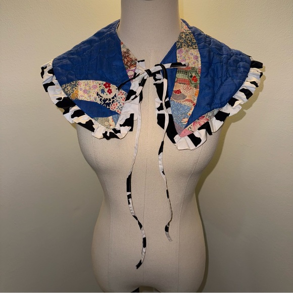 Psychic Outlaw Patchwork Quilted Colorful Blue Cow Statement Ruffle Collar - Picture 2 of 7